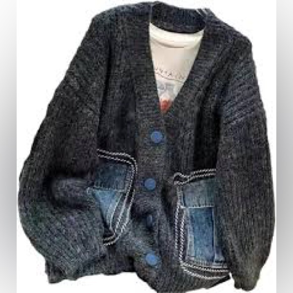 Fashion V Neck Denim Pocket Knitted Sweater Loose Cardigan Jacket oversized - Picture 4 of 11